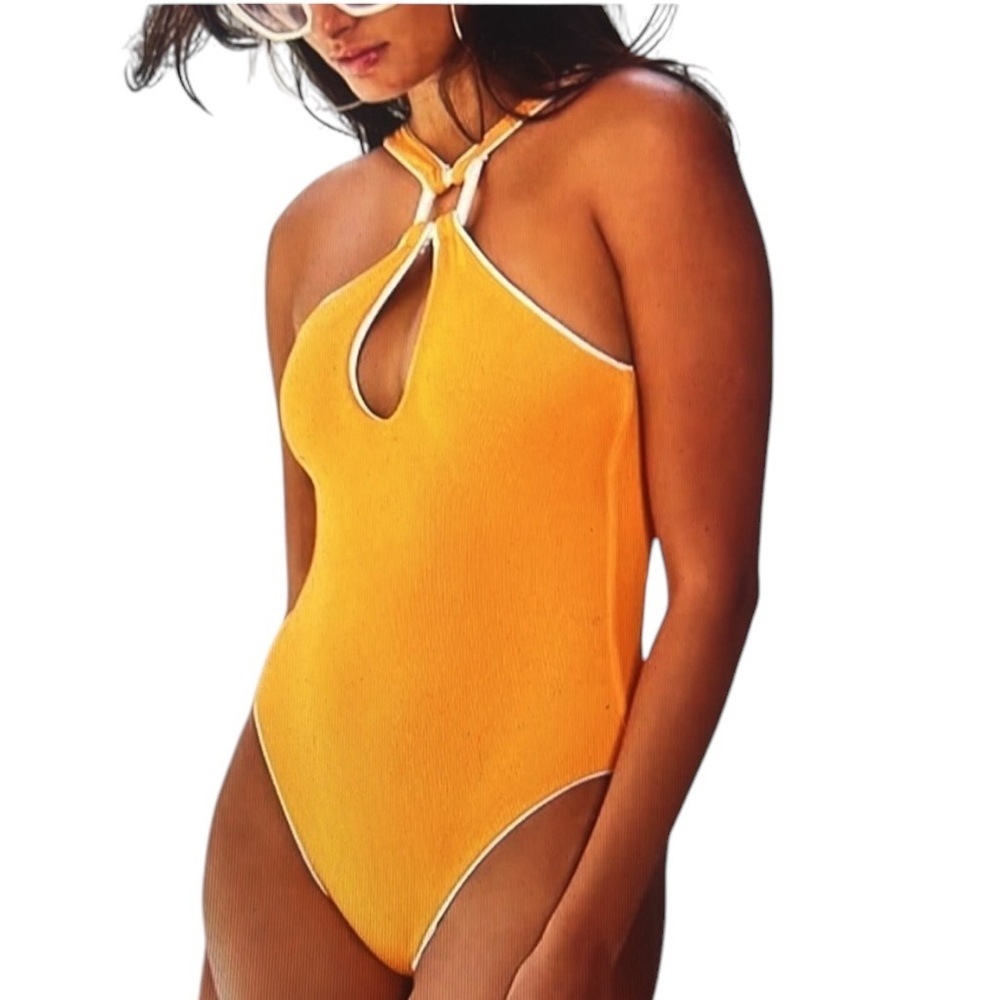 NWT BECCA modern edge, fine rib, high neck, one piece swimsuit - Picture 2 of 6